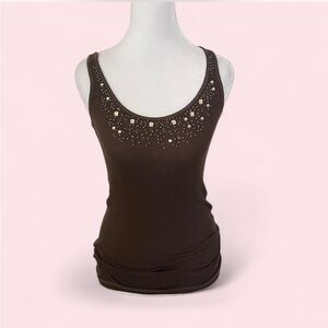 VTG Y2K Abercrombie & Fitch Long Beaded Stretch Tank Top M Brown Elena Gilbert